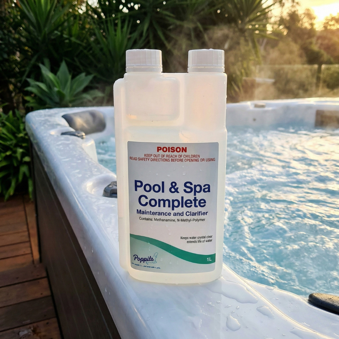 1L bottle of Poppits Pool & Spa Complete Maintenance and Clarifier