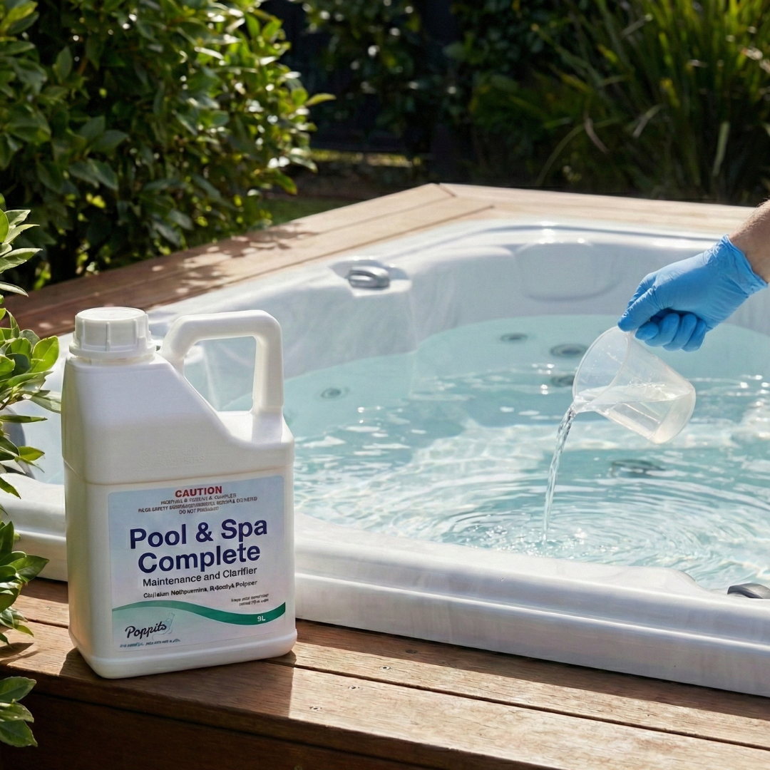 Poppits Pool & Spa Complete from a 5L container into a clear hot tub to balance and clarify the water