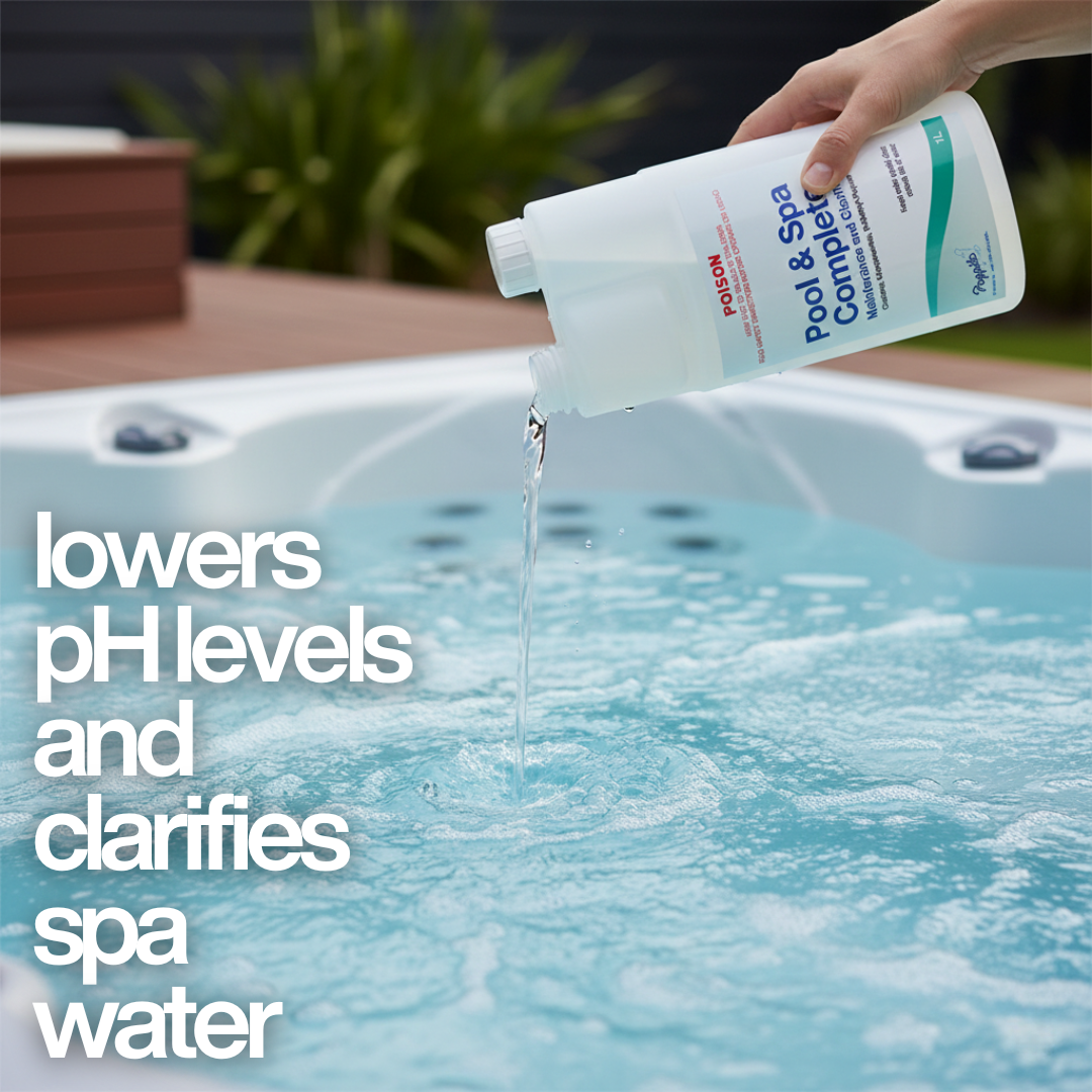 Pool & Spa Complete into a hot tub to lower pH levels and clarify the water