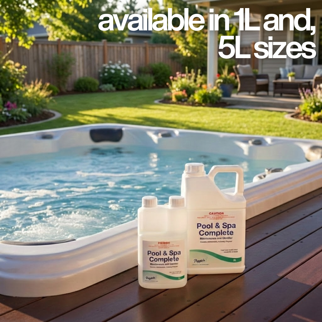 Poppits Pool & Spa Complete, in 1L and 5L sizes available options for routine maintenance.