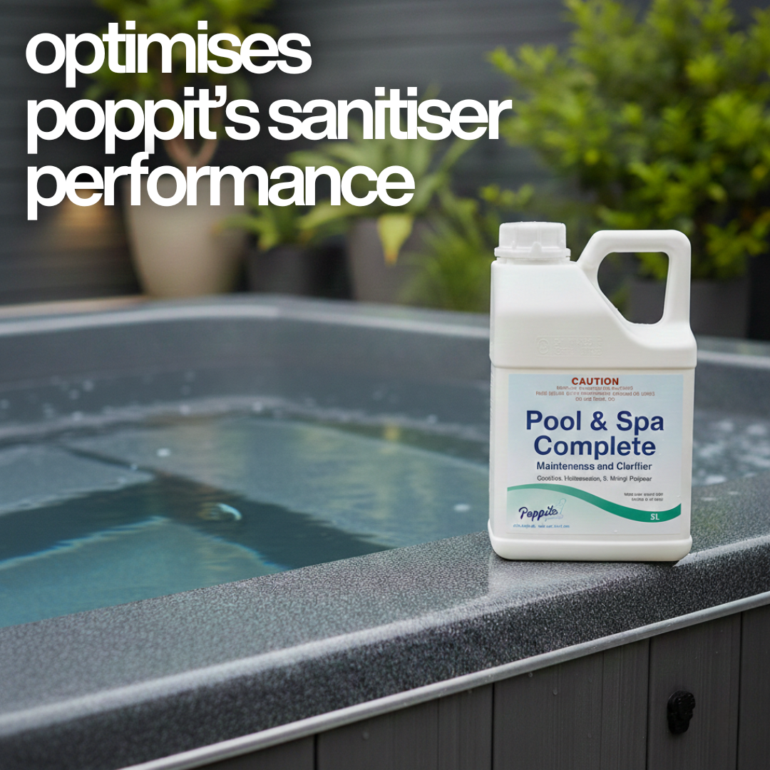 A 5L container of Poppits Pool & Spa Complete Maintenance and Clarifier optimises sanitiser performance